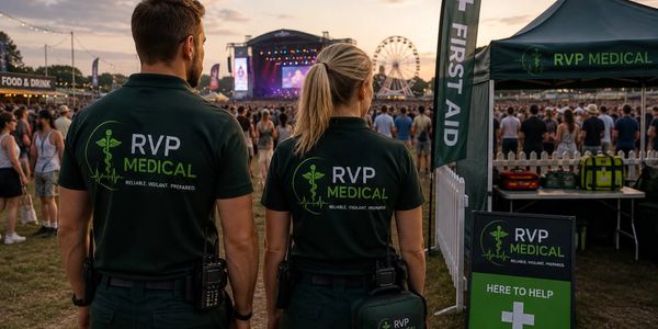 Two medical staff monitoring a crowded outdoor event at sunset.