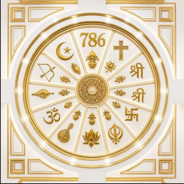 A circular golden ceiling design featuring religious and cultural symbols.