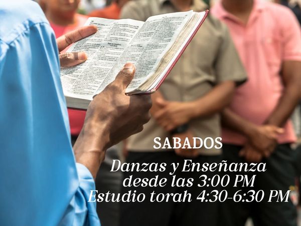 Man reading a book with a group in the background, announcing Saturday activities.