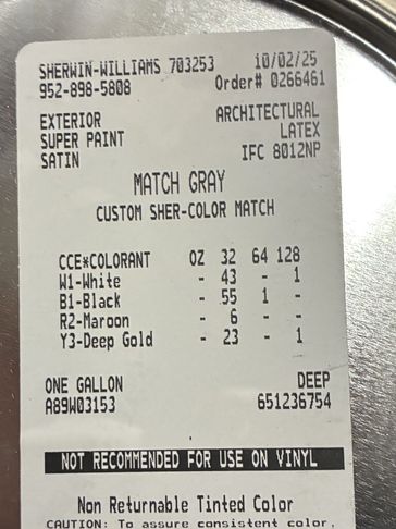Label of Sherwin-Williams paint can for custom Match Gray color.