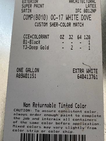 Paint label for white dove color with tint instructions.