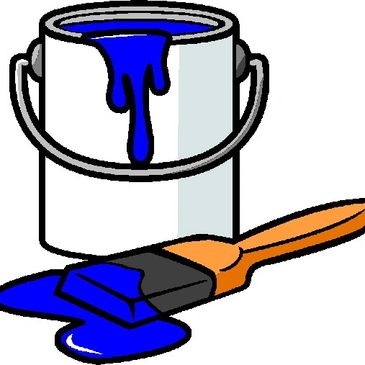 Paint bucket with blue paint and brush.