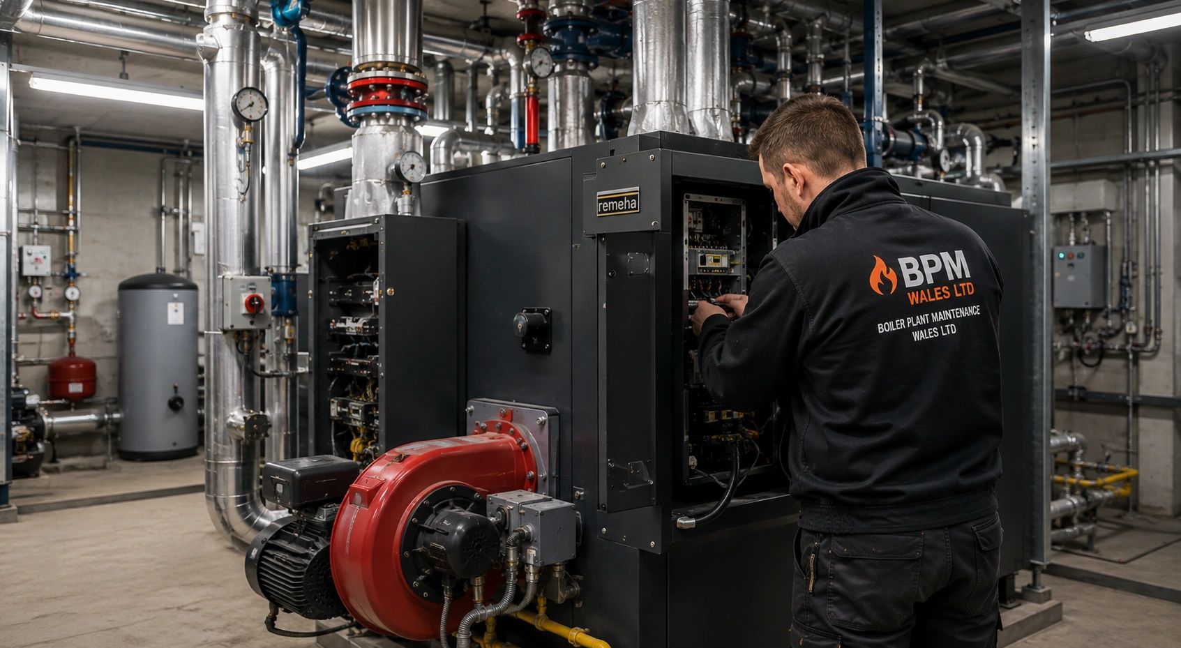 Technician repairing industrial boiler system.