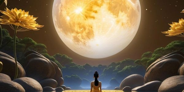 A woman meditates by a glowing moonlit lake surrounded by golden flowers and large rocks.