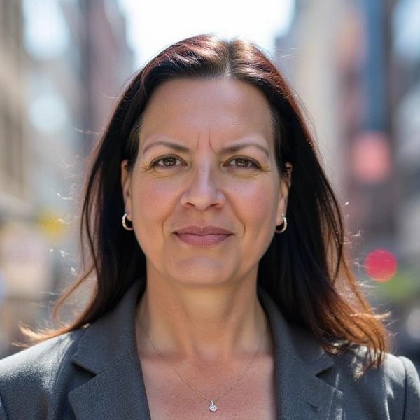 Confident woman with dark hair standing outdoors in business attire.