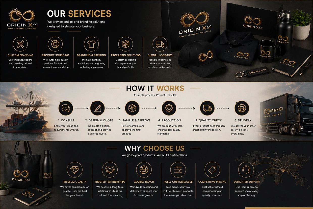 Origin X Co offers comprehensive branding and logistics services with premium quality and dedicated support.