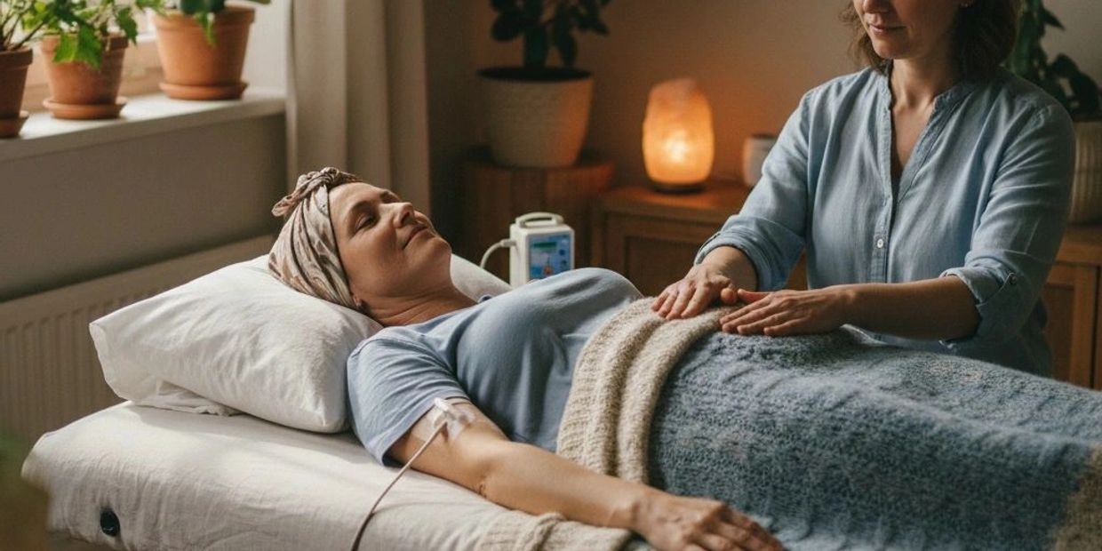 A woman receiving comforting care while lying on a bed with an IV drip.
