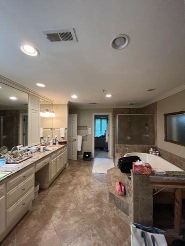 Vinings master bathroom before remodeling showing dated materials and a cramped layout