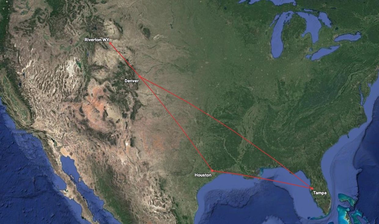 Map showing flight routes between Riverton, Denver, Houston, and Tampa in the USA.