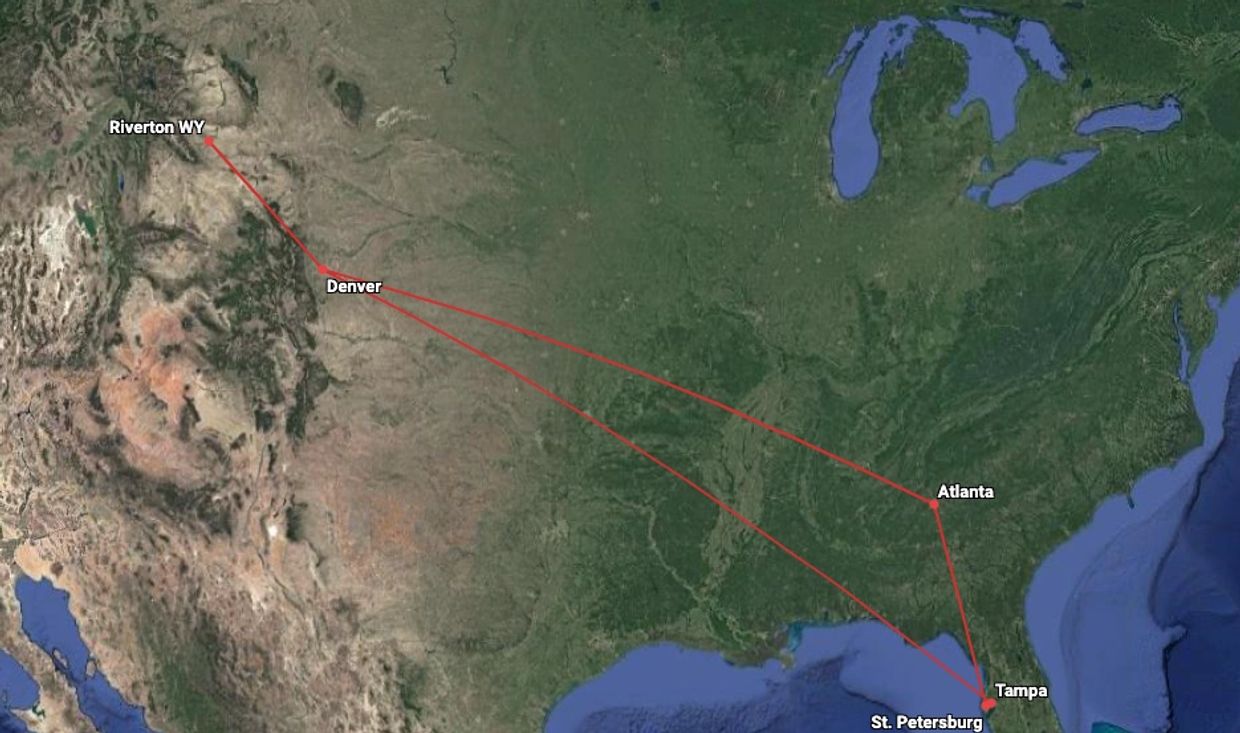 Map showing flight routes between Riverton WY, Denver, Atlanta, Tampa, and St. Petersburg.