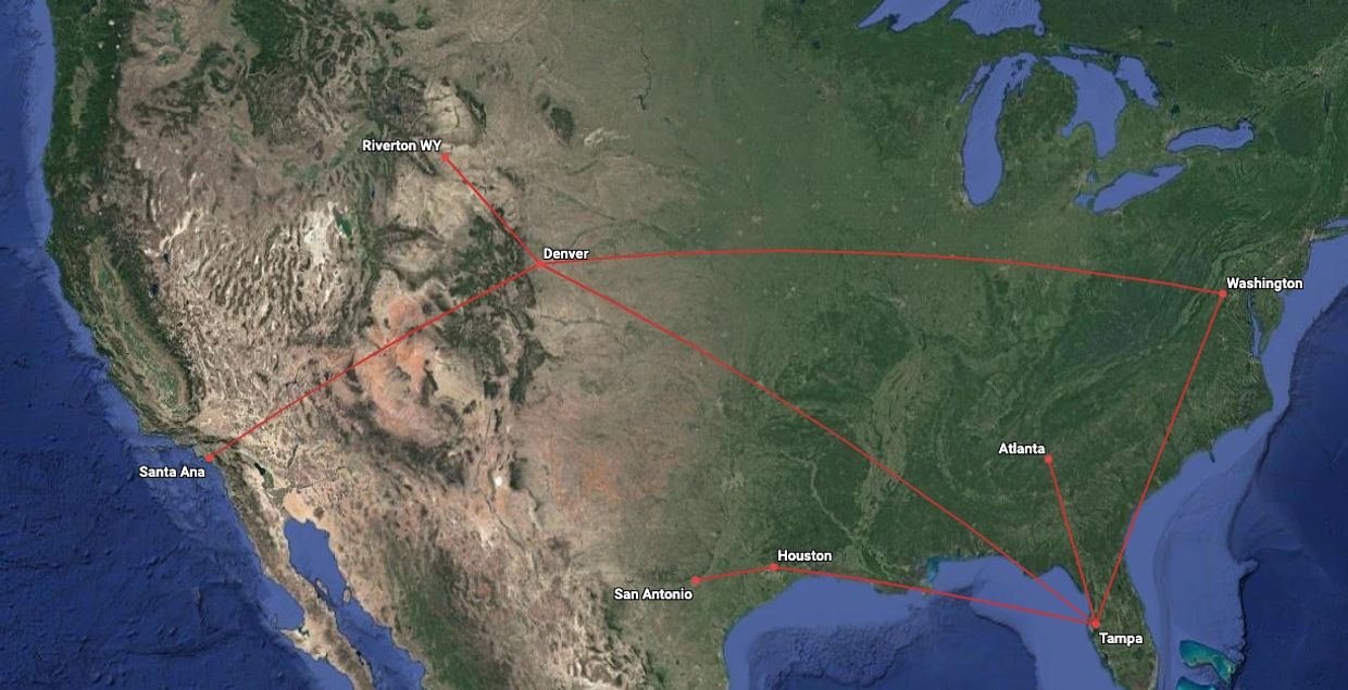 Map showing flight routes connecting major U.S. cities with Tampa.