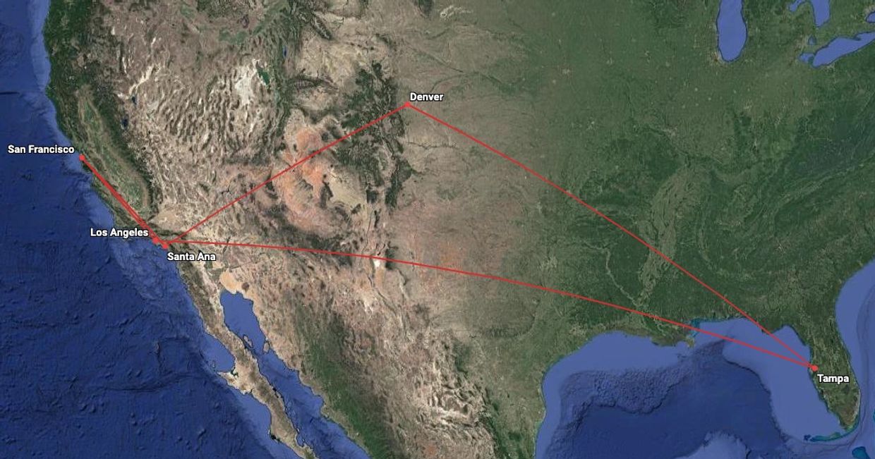 Map showing flight routes between Tampa, Denver, Los Angeles, Santa Ana, and San Francisco.