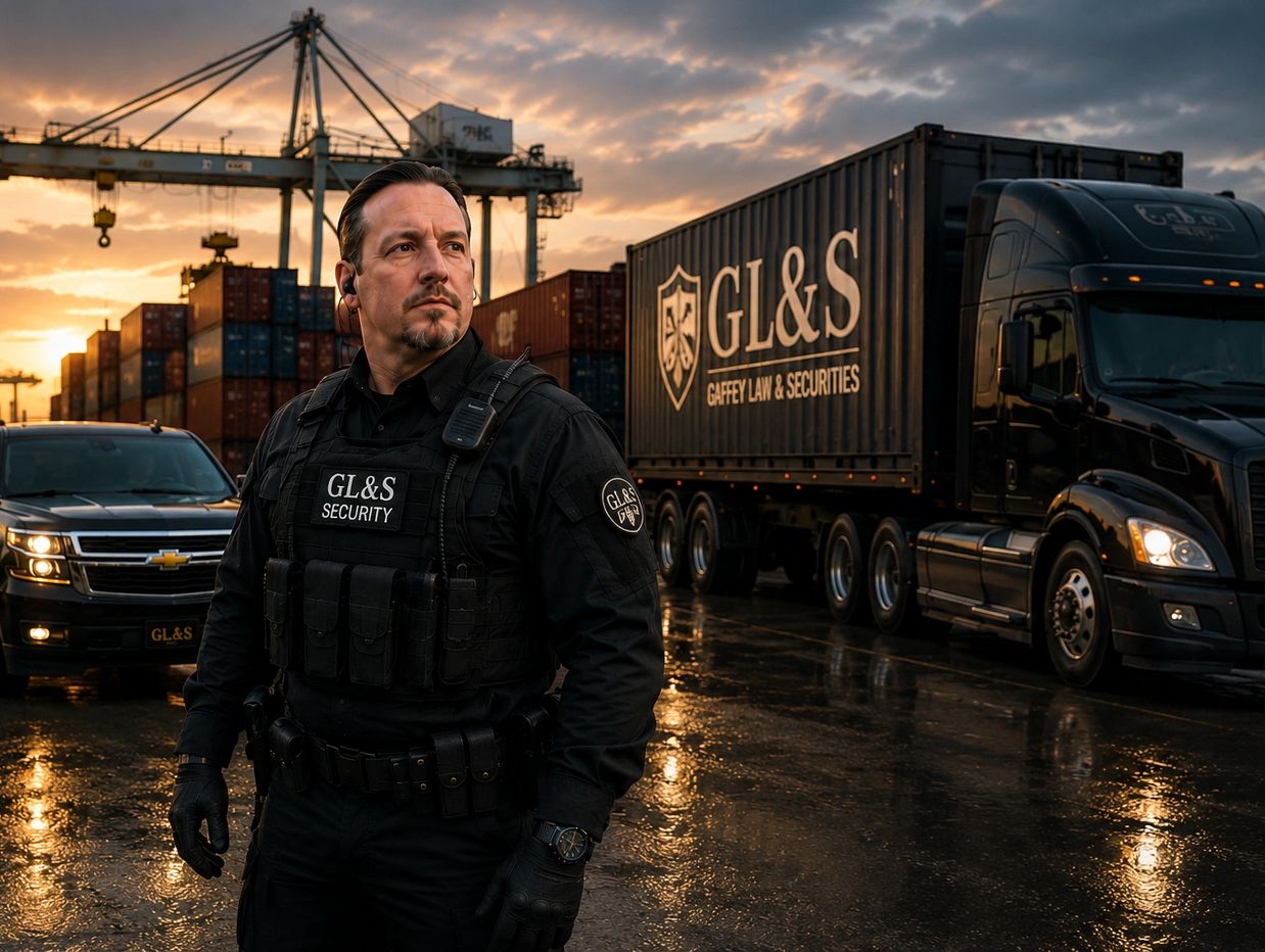 Security guard in black uniform at port with GL&amp;S vehicles.