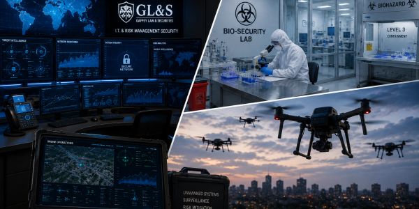 Collage of cybersecurity, biosecurity lab, and drone surveillance.