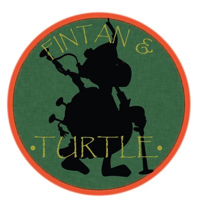 Silhouette of a character with pipes inside a circular logo reading 'Fintan &amp; Turtle'.