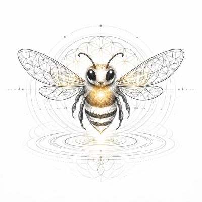 Detailed geometric bee illustration with glowing elements.