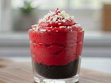 Red velvet mousse dessert in a glass.