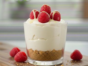 Raspberry dessert parfait with cream and crumb base.