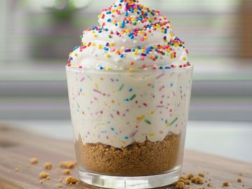 Whipped cream with colorful sprinkles over a crumbly base.