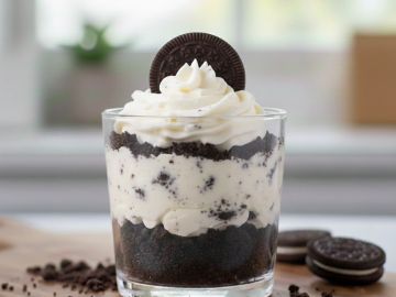 Oreo cookie dessert in a glass with whipped cream.