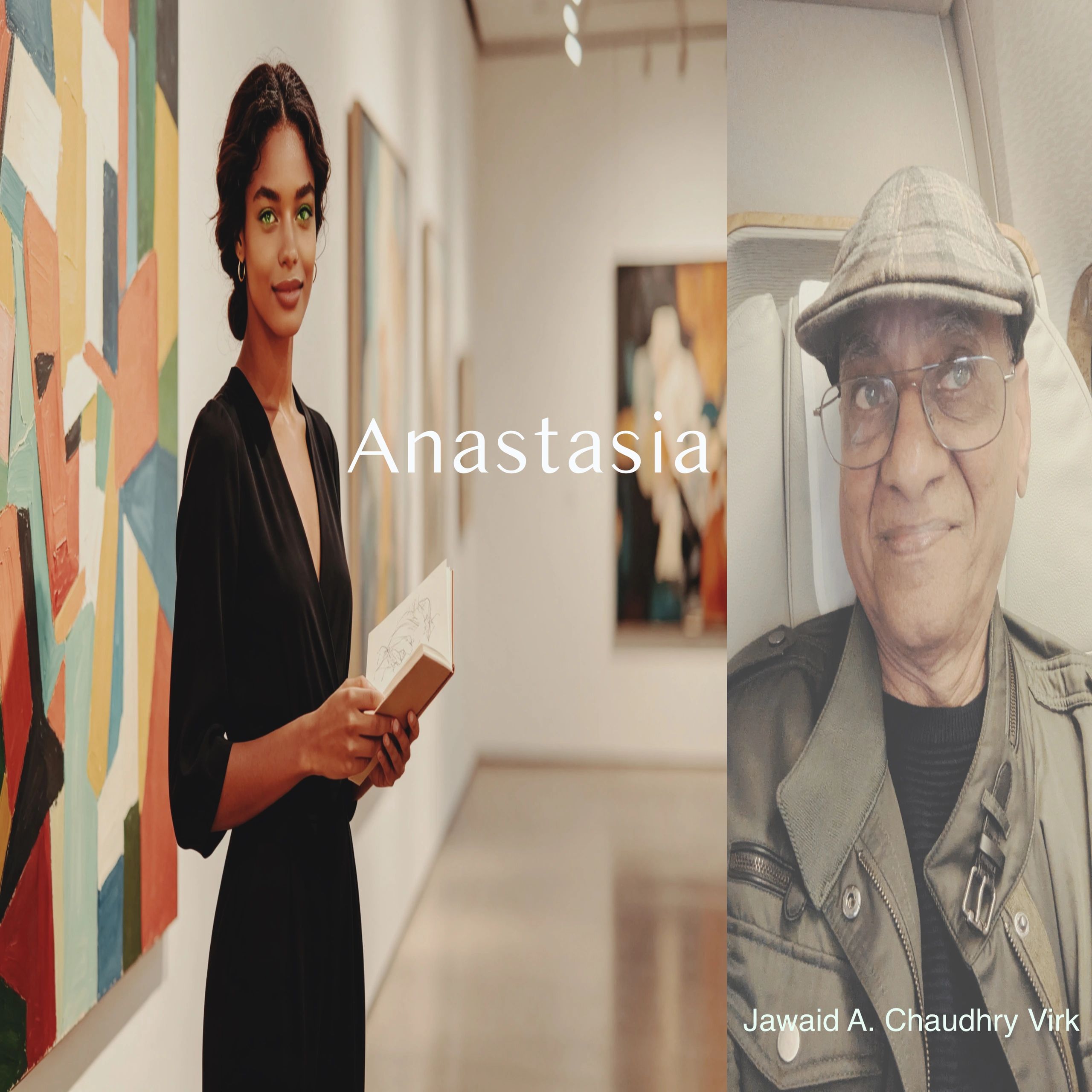 Two portraits of people, a woman in an art gallery and an older man in a cap.
