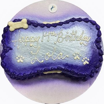 Purple metallic dog birthday cake for dog birthday party