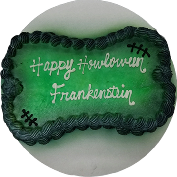Frankenstein inspired Halloween dog cake, bone shaped dog cake