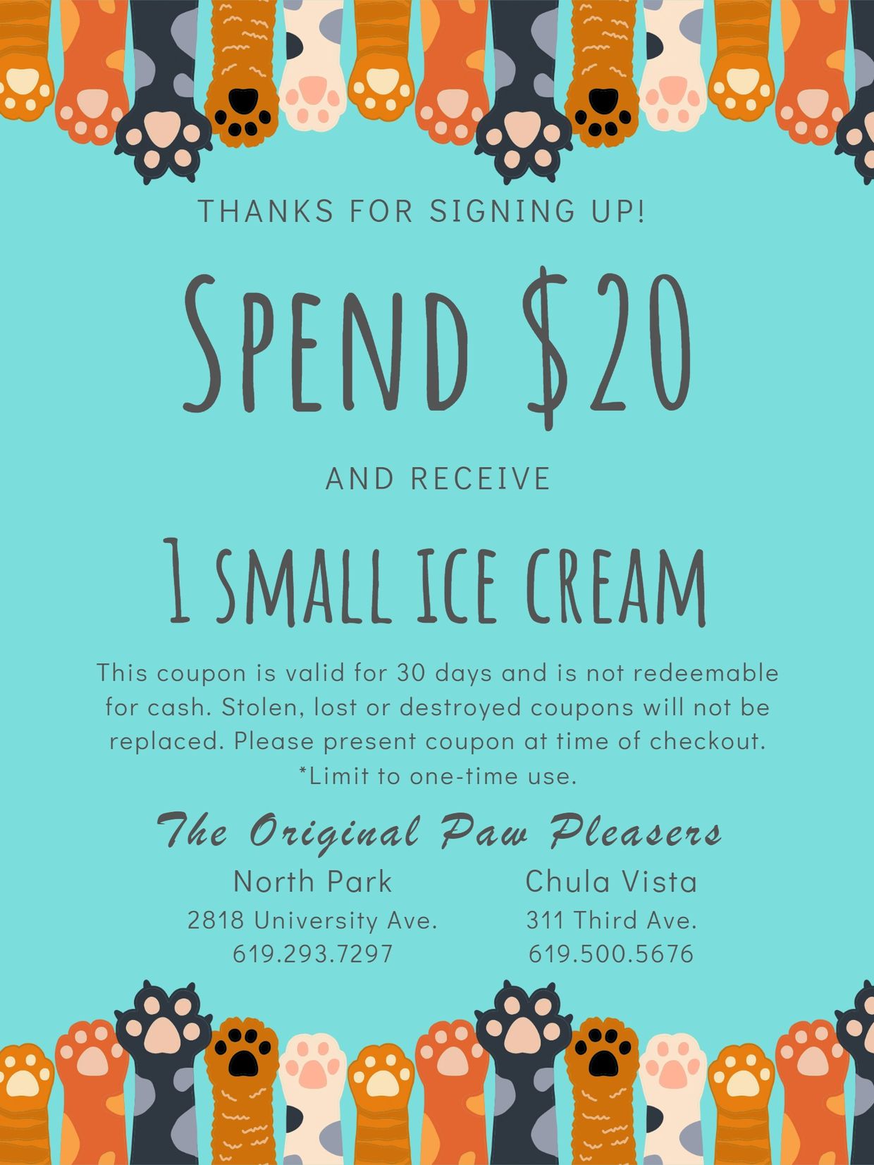 Coupon for a free small ice cream with $20 purchase at The Original Paw Pleasers.