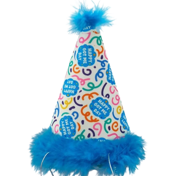 Colorful birthday party hat with blue feather trim and confetti design.