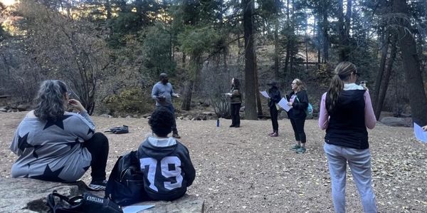 Group of people outdoors participating in an activity in the woods.