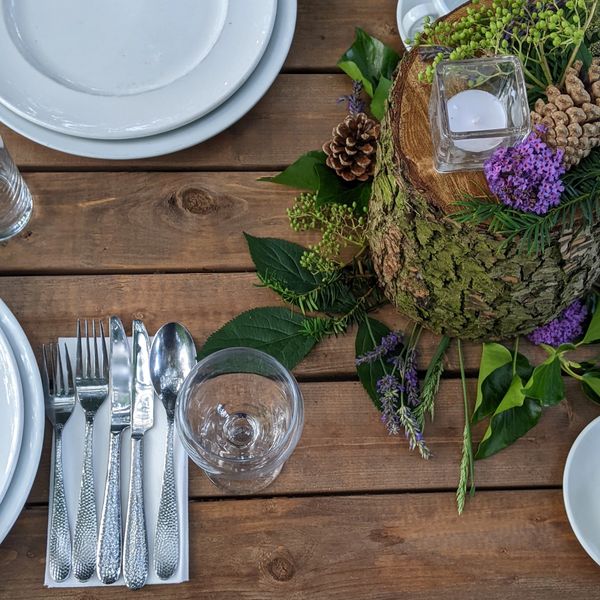 A table set up for dinner with a woodland themed centre piece made from a log with flowers & plants