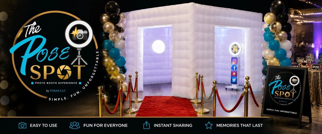 Photo booth setup with balloons and red carpet.