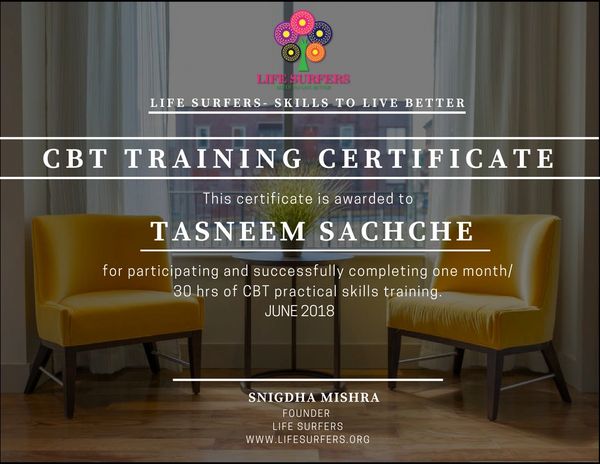 Certificate for CBT training completion awarded to Tasneem Sachche.
