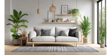 Modern living room with neutral sofa, green plants, and natural light.