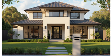 Modern two-story house with large windows and a landscaped front yard.