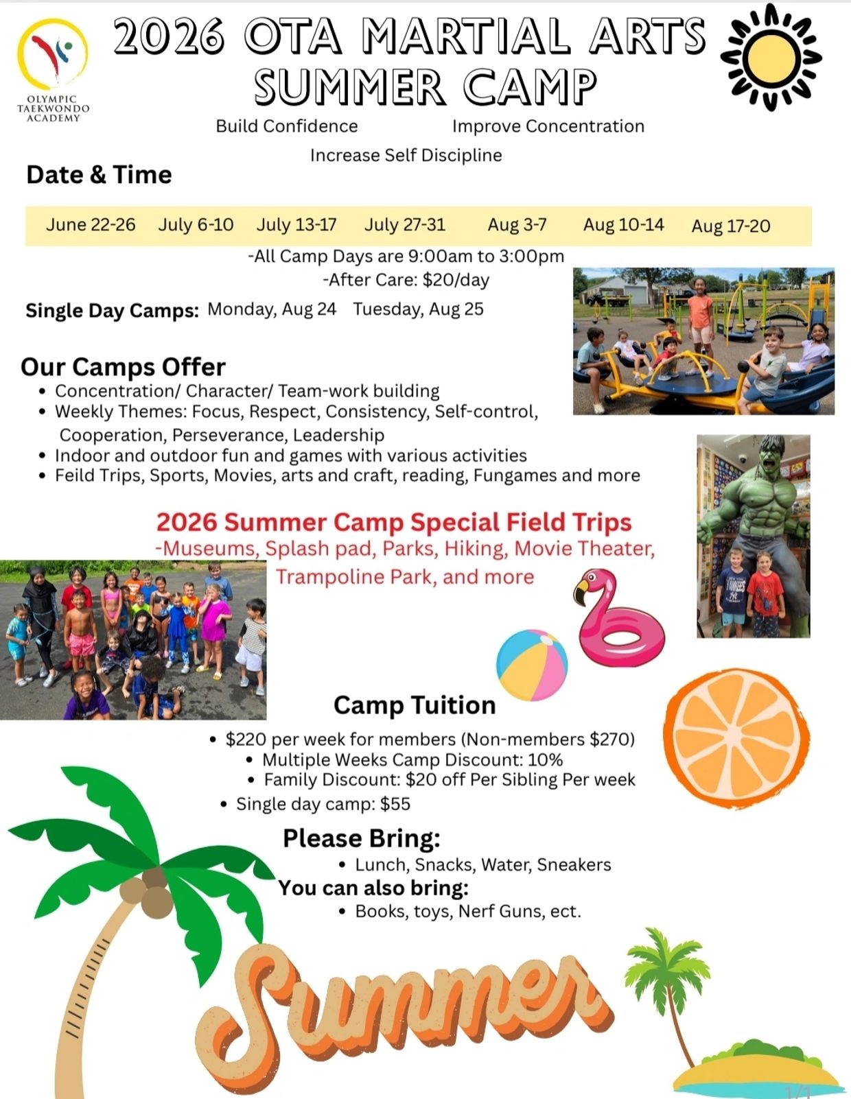 2026 OTA Martial Arts Summer Camp details with dates, activities, tuition, and items to bring.