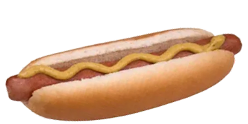 Hot dog with mustard in a bun.