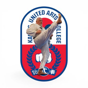A martial artist performs a high kick in front of a Karate United Arts College logo.