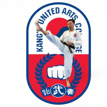 Martial artist performing a high kick in front of Kang United Arts College logo.