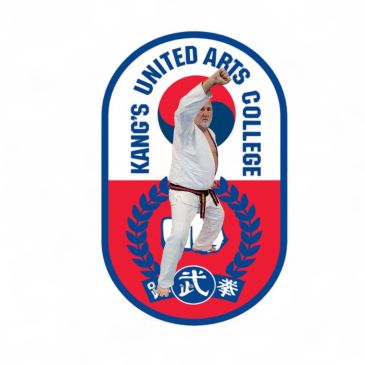 Martial artist in white gi performing a stance with Kang's United Arts College logo.