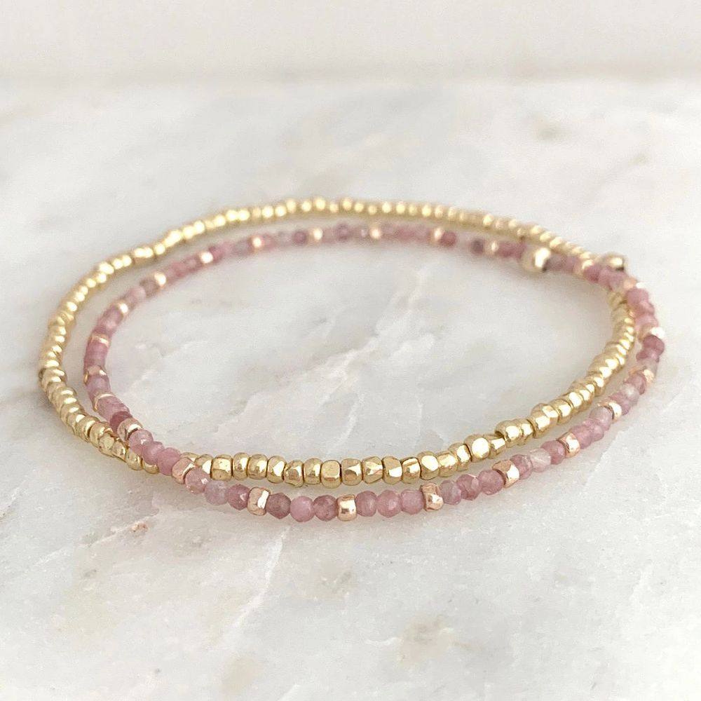 Pink tourmaline and gold filled bead stretch bracelet set 5060788060011

