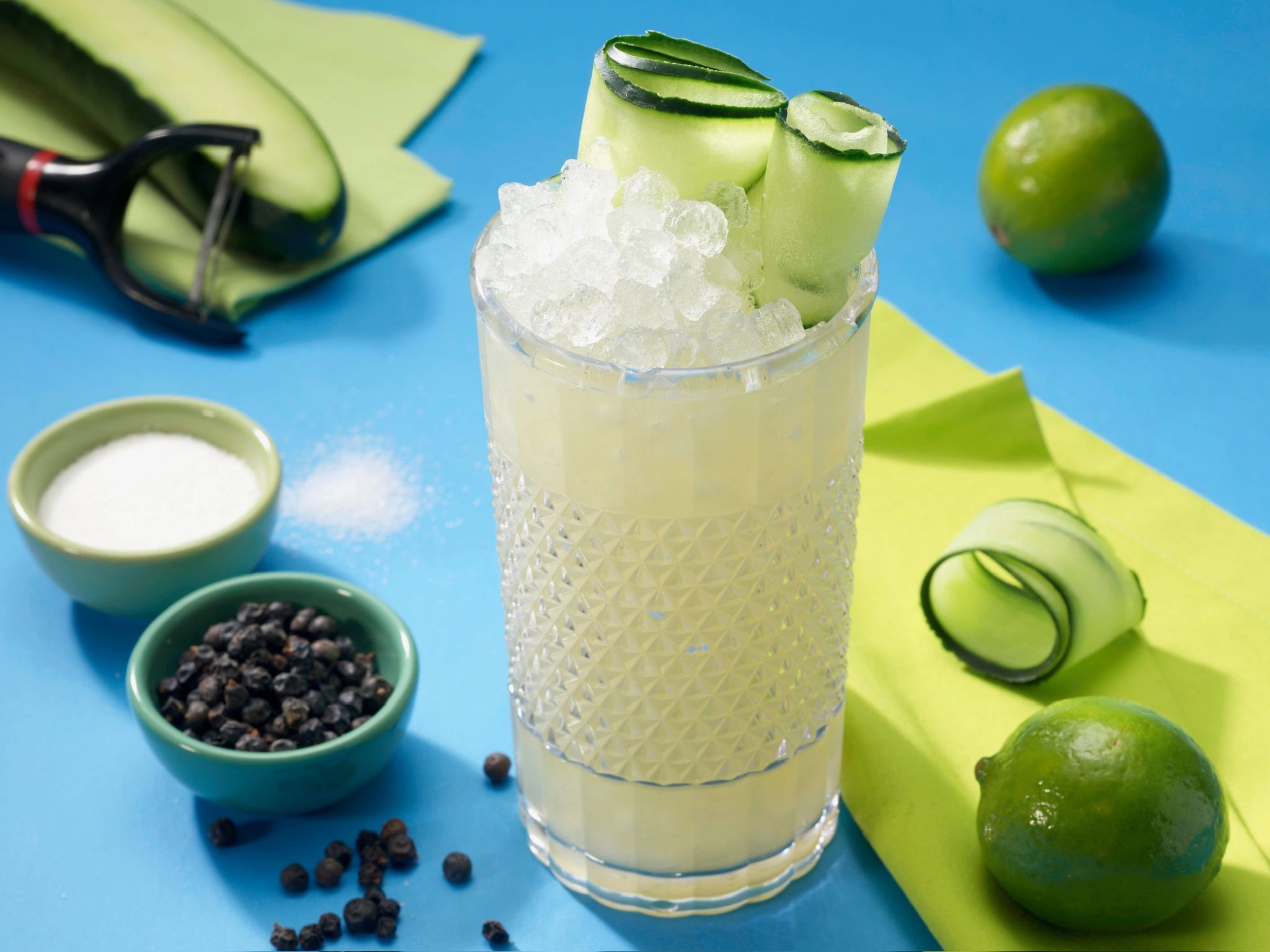 Cucumber & Juniper Mocktail made fresh from scratch with limes and salt. 