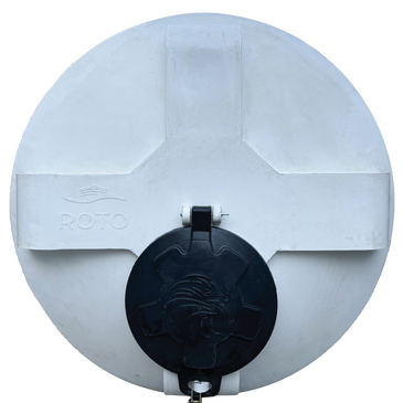 White circular container lid with black lock cover and embossed logo.