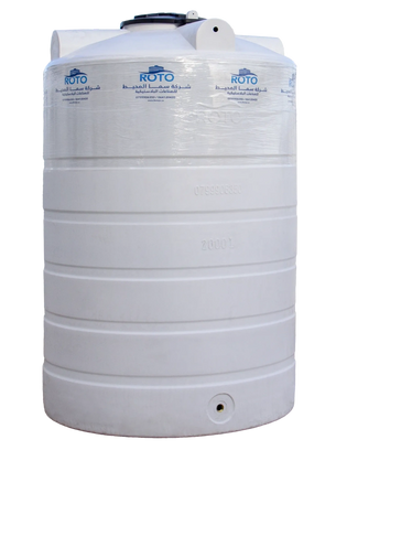 Large white water storage tank with blue ROTO branding.
