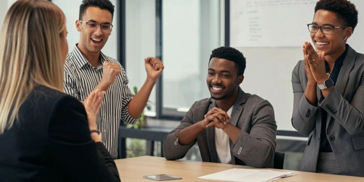 A group of colleagues celebrating success in an office meeting.