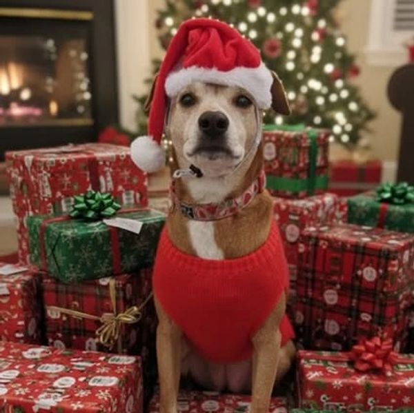 Dog in a Santa hat and red sweater surrounded by Christmas presents.