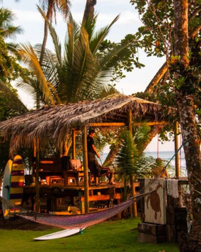 Tropical beach hut with hammock and surfboards at sunset.