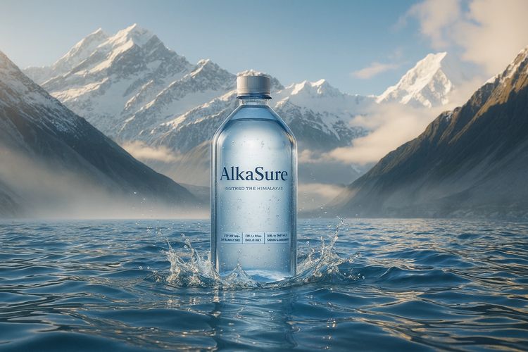 A water bottle splashes in a mountain lake with snowy peaks in the background.