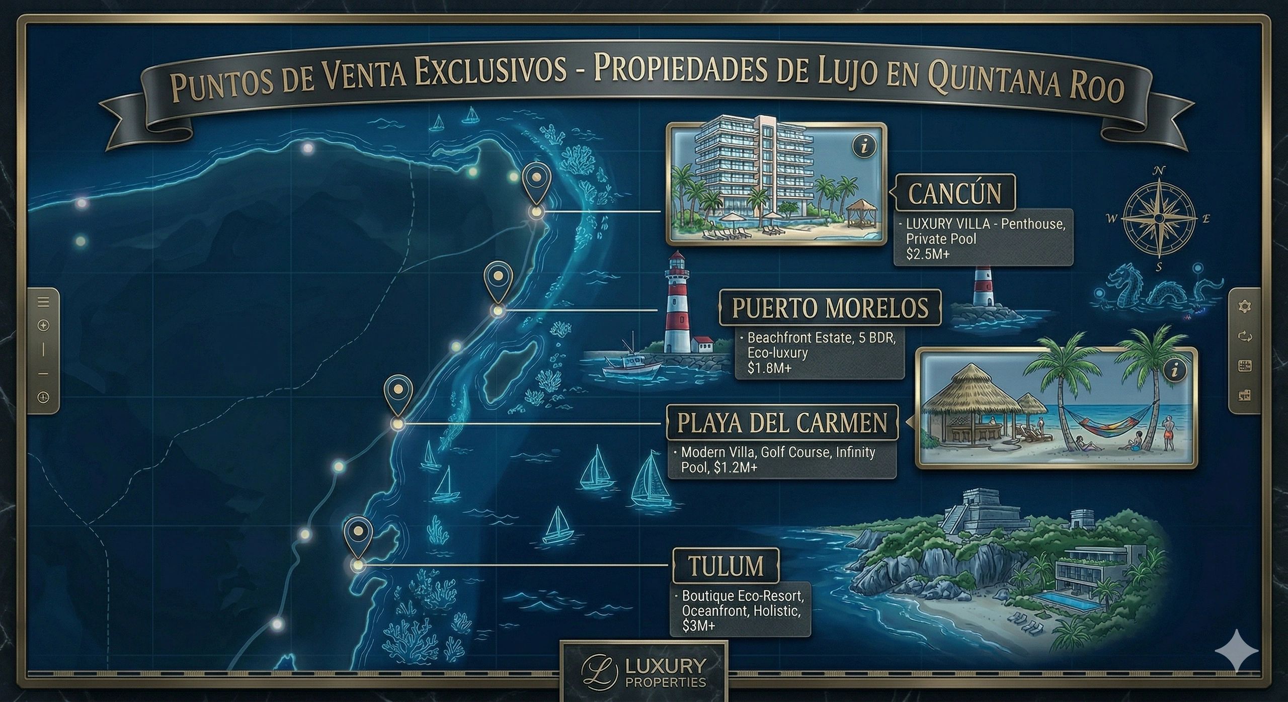 Mapa de propiedades de lujo en Quintana Roo con ubicaciones y precios destacados.