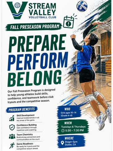 Stream Valley Volleyball Club Fall Preseason program for girls ages 10-14 (grade 4-8) 